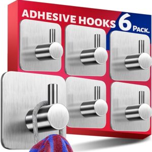 Menz Self Adhesive Hooks, Set of 6 – Strong Stick on Hooks, Sticky Hooks for Hanging Items - Door Hooks, Coat Hooks